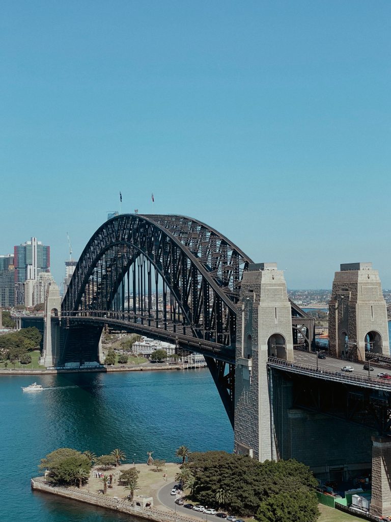 View of the iconic Sydney Harbour Bridge against a clear blue sky from Kirribilli.